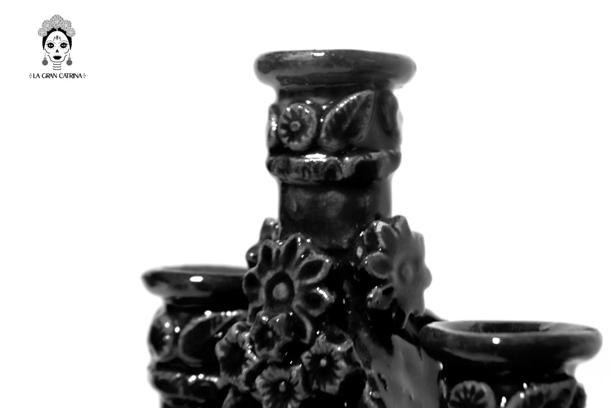 Candelero Triangular negro de 11 velas - Barro vidriado - 50 cm. 20 in. Candelabros