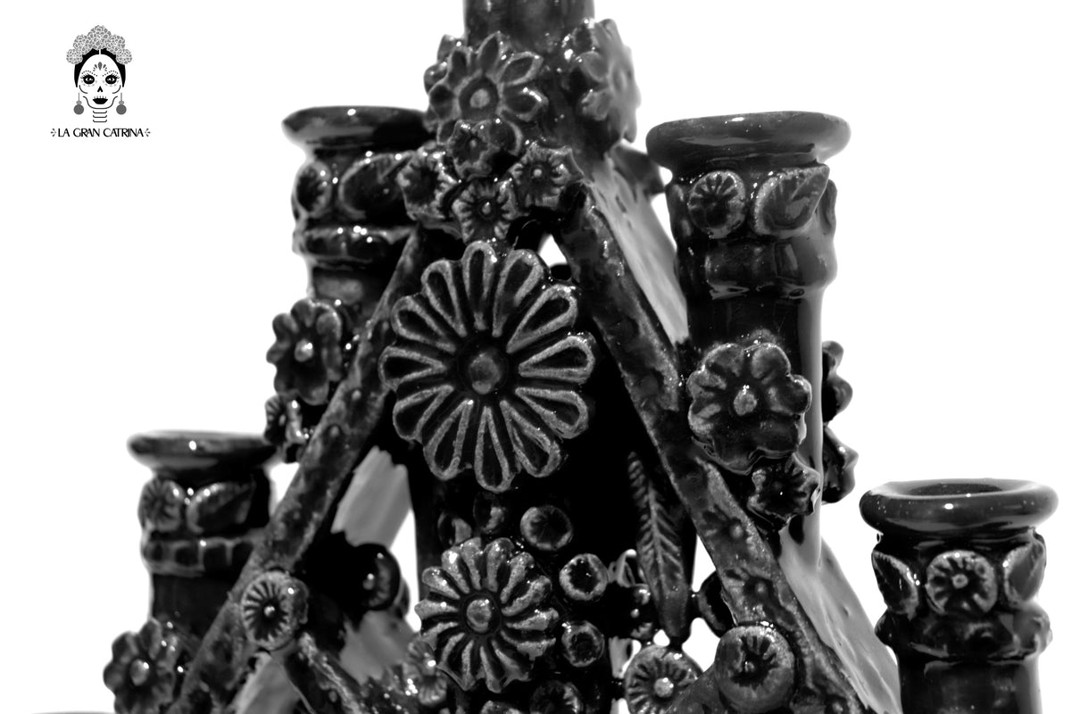 Candelero Triangular negro de 11 velas - Barro vidriado - 50 cm. 20 in. Candelabros