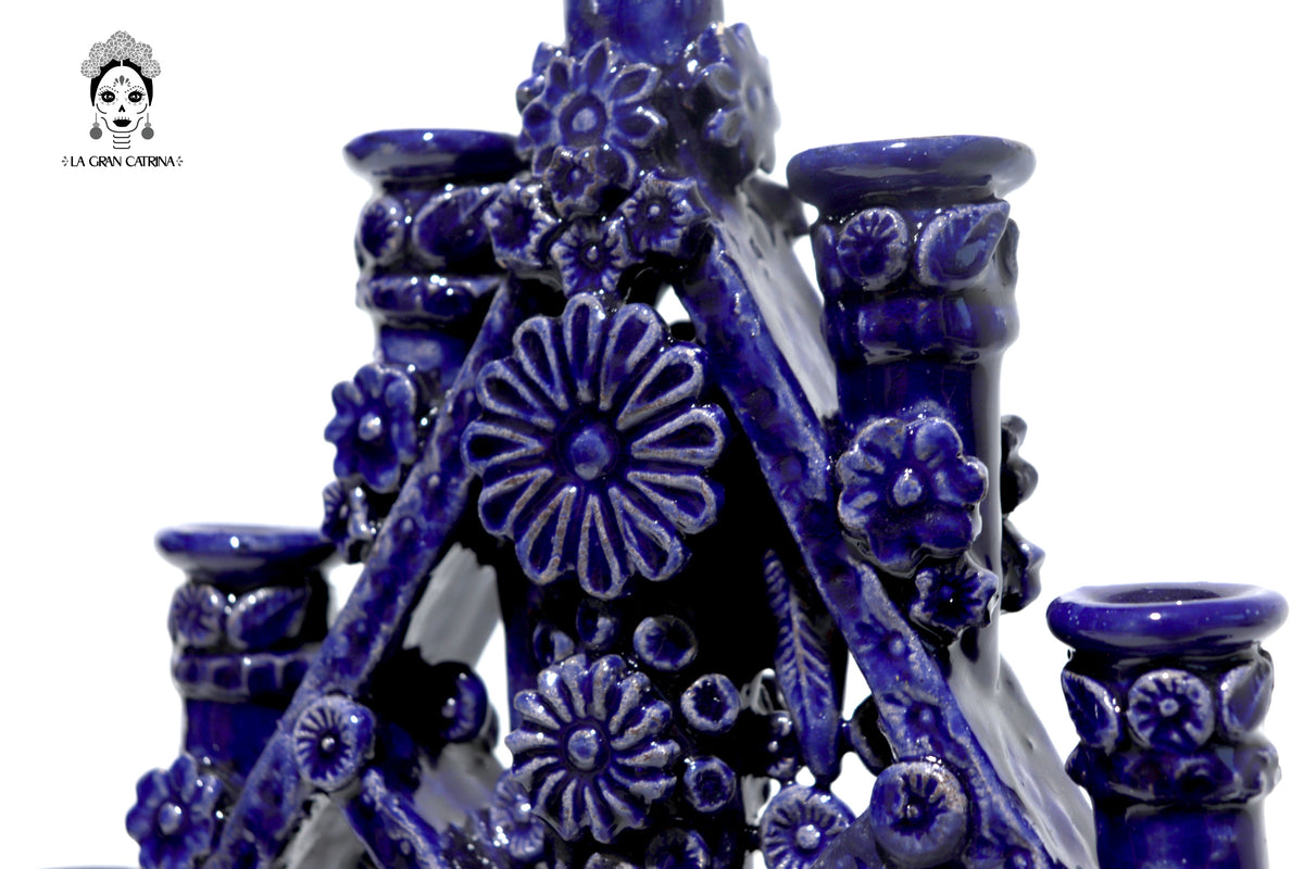 Candelero Triangular azul de 11 velas - Barro vidriado - 50 cm. 20 in. Candelabros