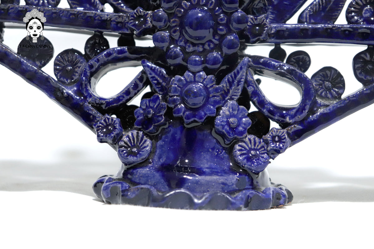 Candelero Triangular azul de 11 velas - Barro vidriado - 50 cm. 20 in. Candelabros