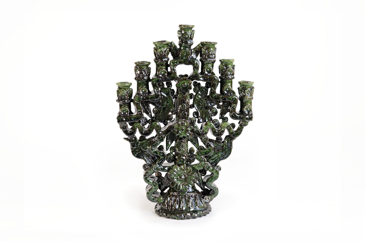 Candelero Verde de 7 velas - Barro Vidriado - 25 cm. 10 in.