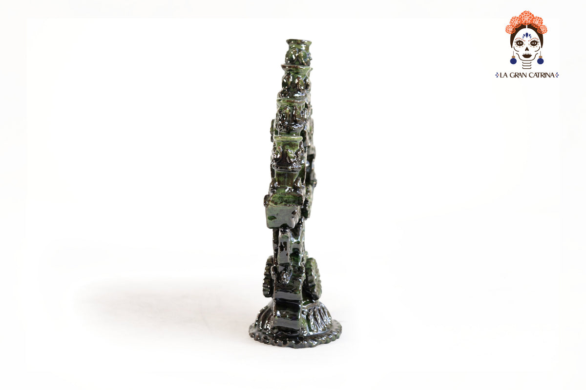Candelero Verde de 7 velas - Barro Vidriado - 25 cm. 10 in.