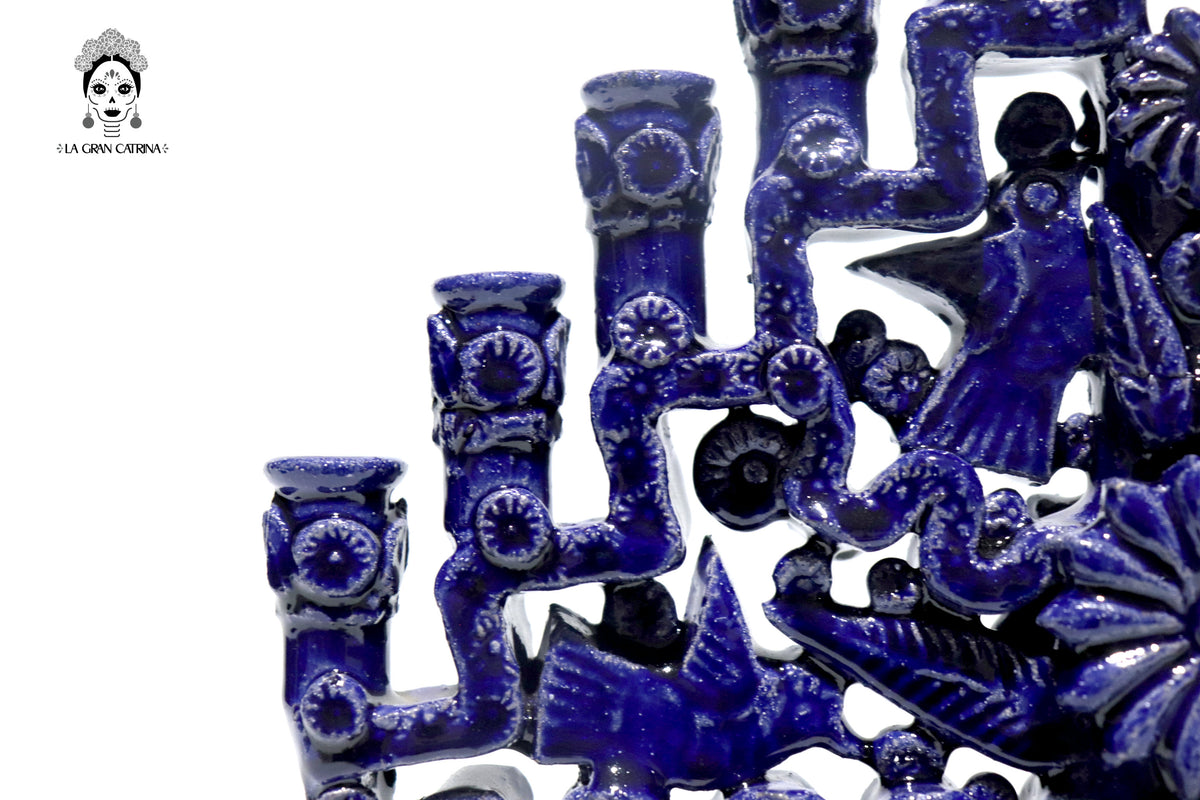 Candelero azul de 11 velas - Barro vidriado - 32 cm. 13 in.