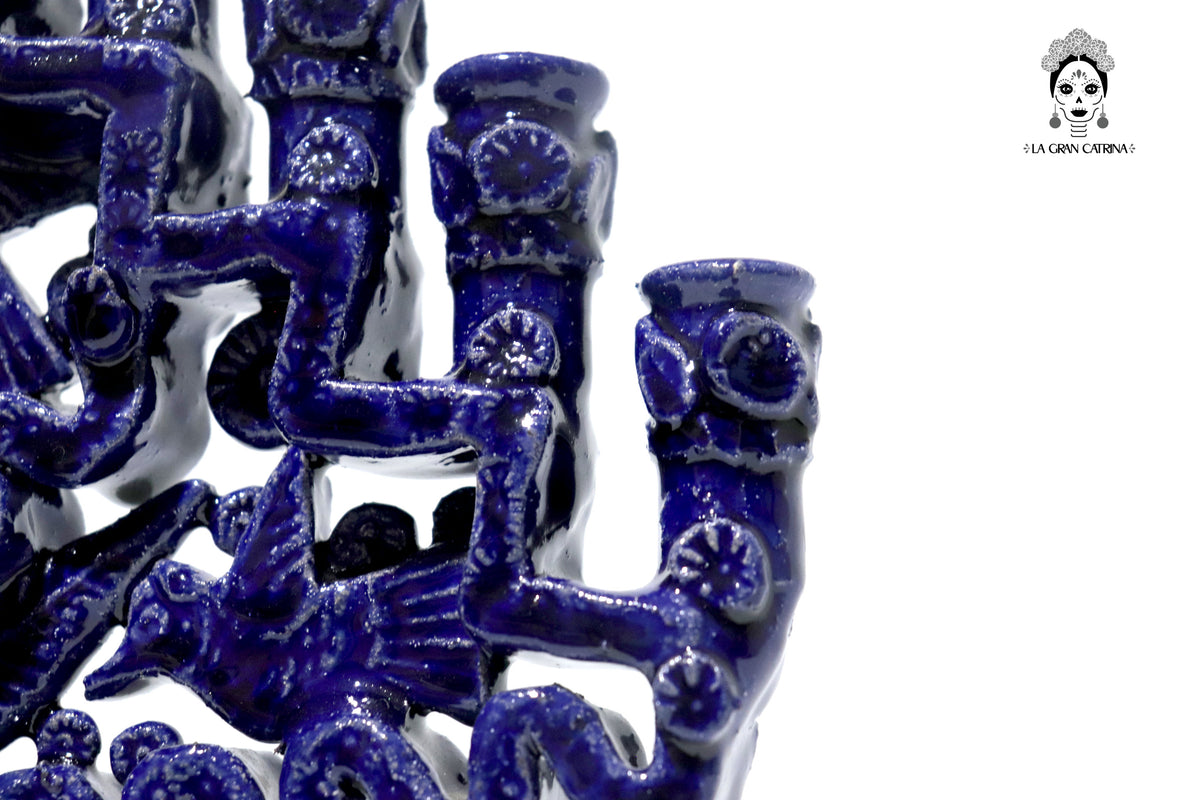 Candelero azul de 11 velas - Barro vidriado - 32 cm. 13 in.