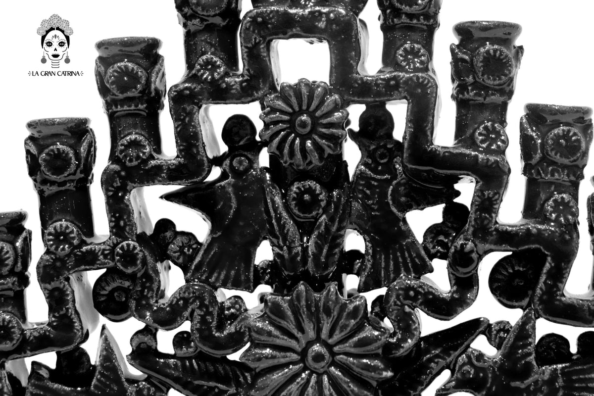 Candelero negro de 11 velas negro - Barro vidriado - 32 cm. 13 in. - En produccion Candelabros