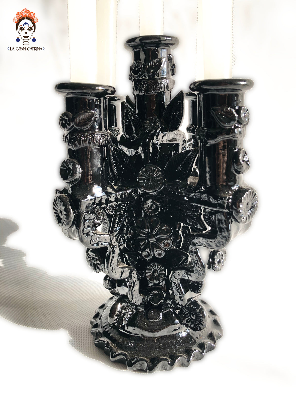 Candelero negro de 5 velas - Barro vidriado - 28 cm. 11 in. Candelabros