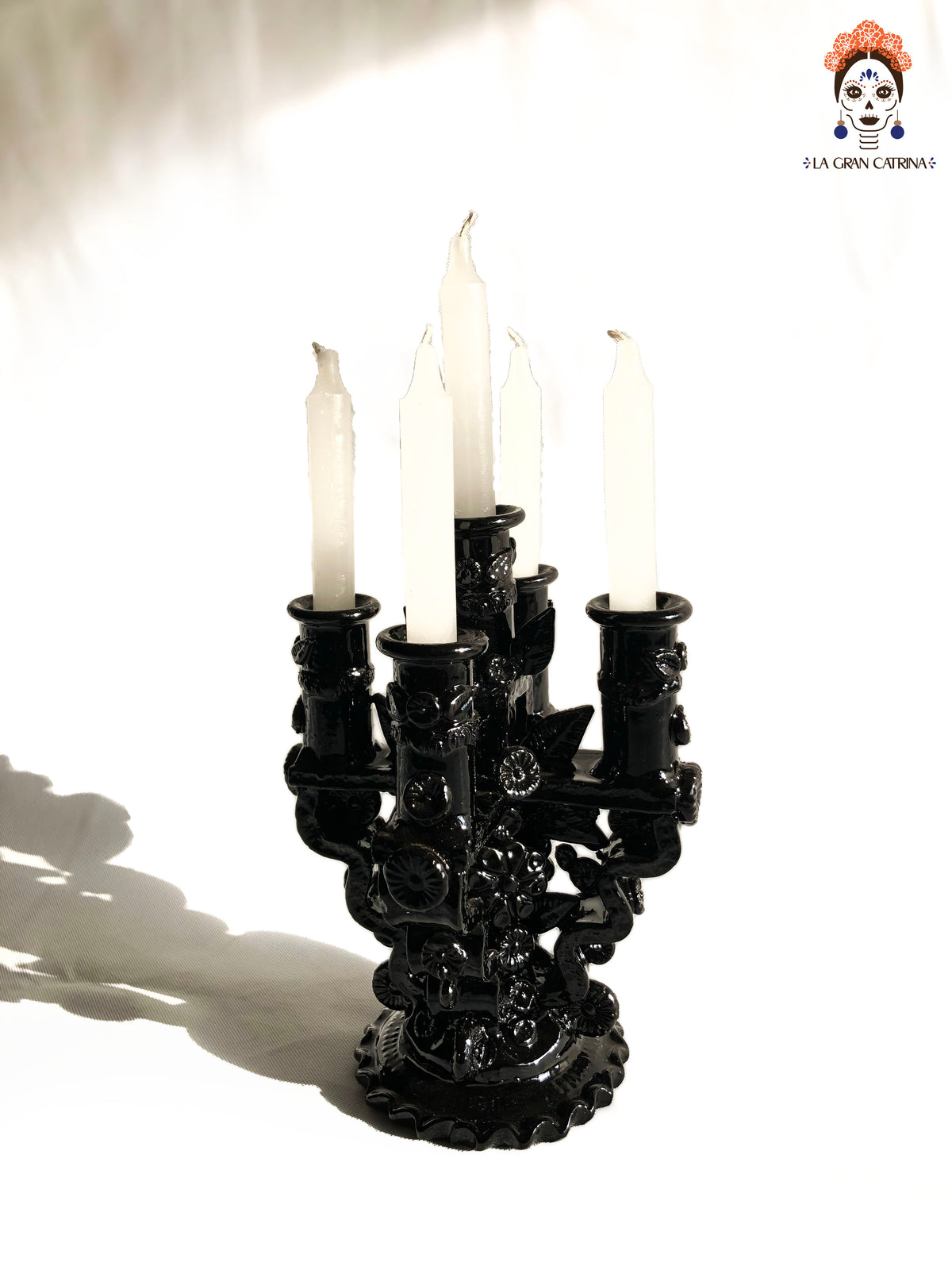 Candelero negro de 5 velas - Barro vidriado - 28 cm. 11 in. Candelabros