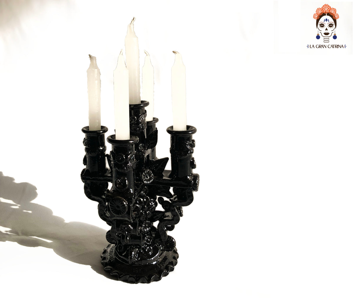 Candelero negro de 5 velas - Barro vidriado - 28 cm. 11 in. Candelabros