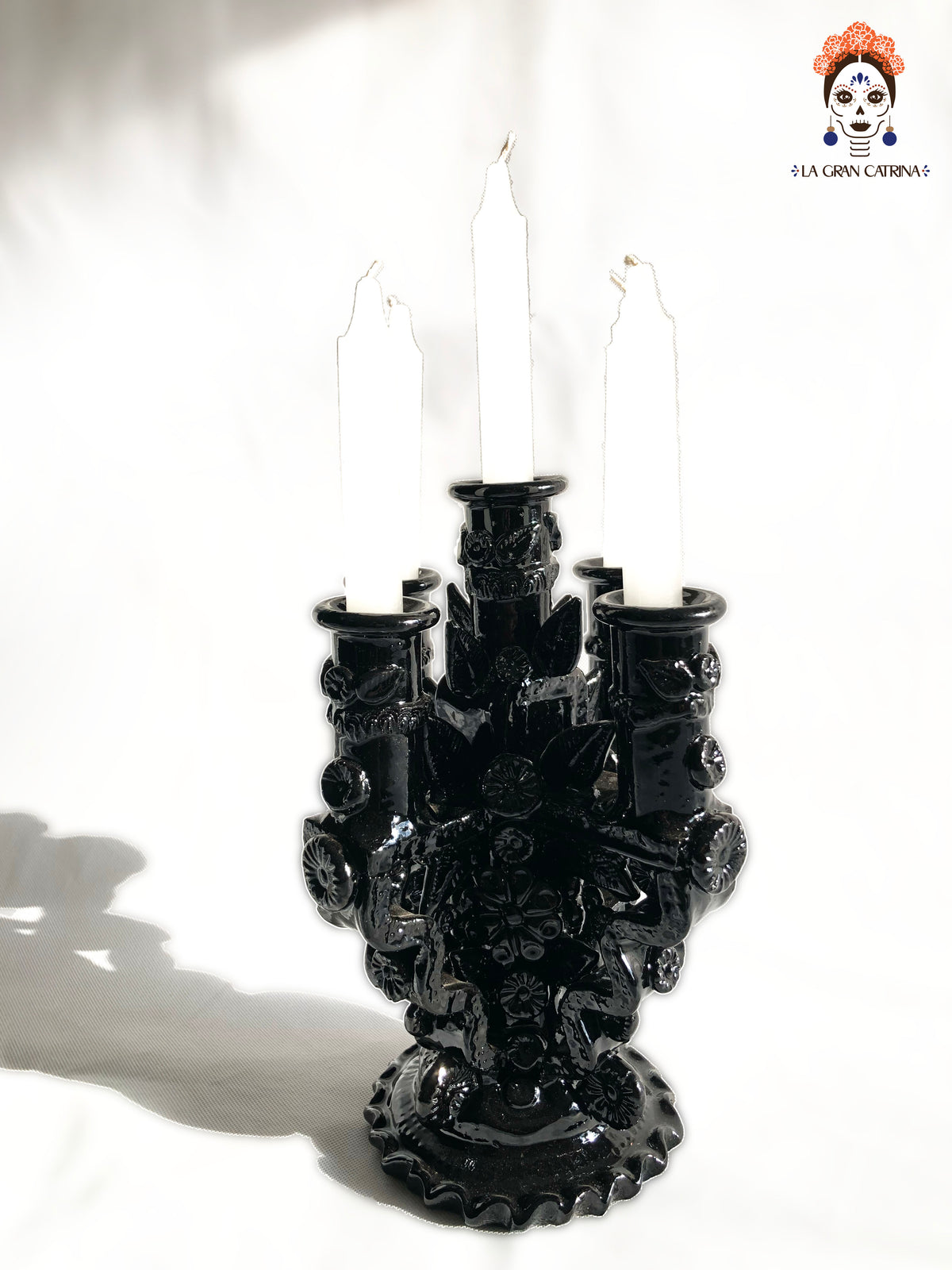 Candelero negro de 5 velas - Barro vidriado - 28 cm. 11 in. Candelabros