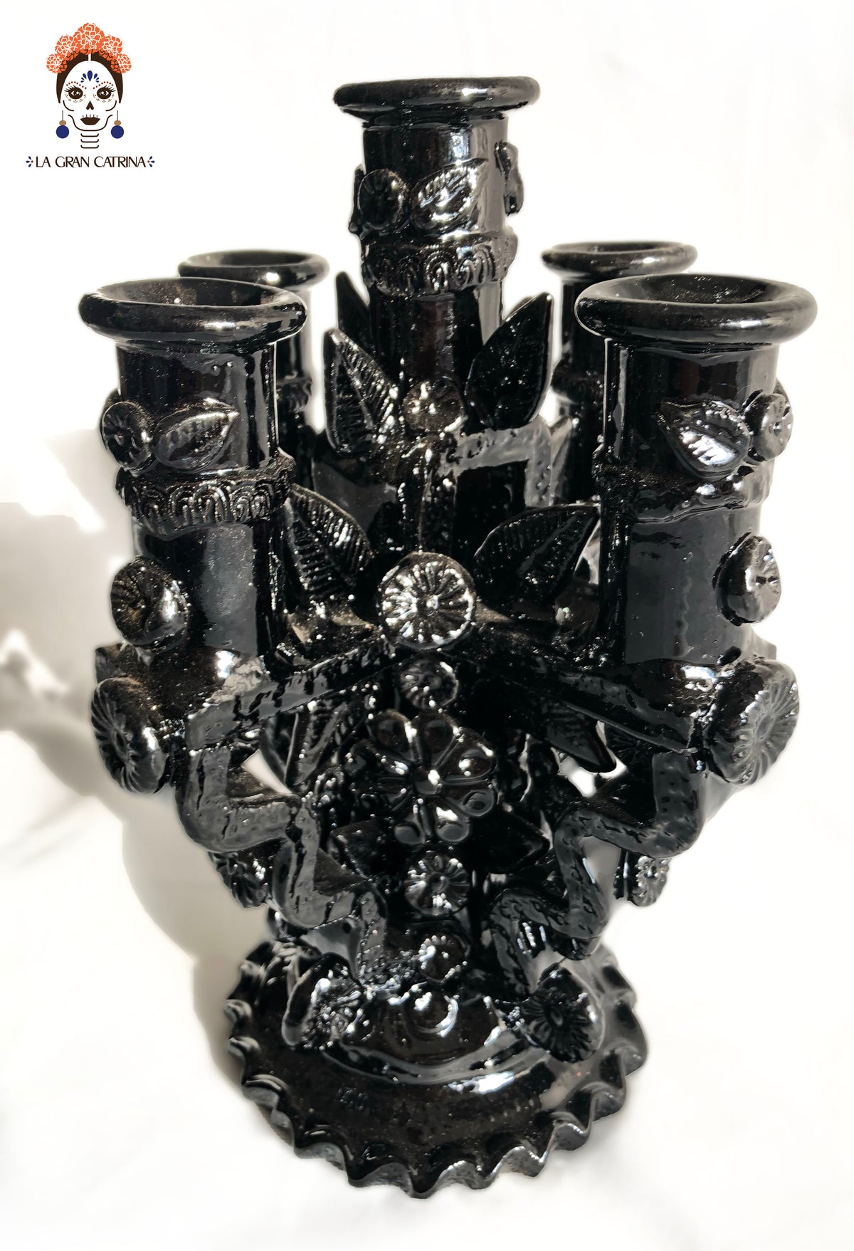 Candelero negro de 5 velas - Barro vidriado - 28 cm. 11 in. Candelabros