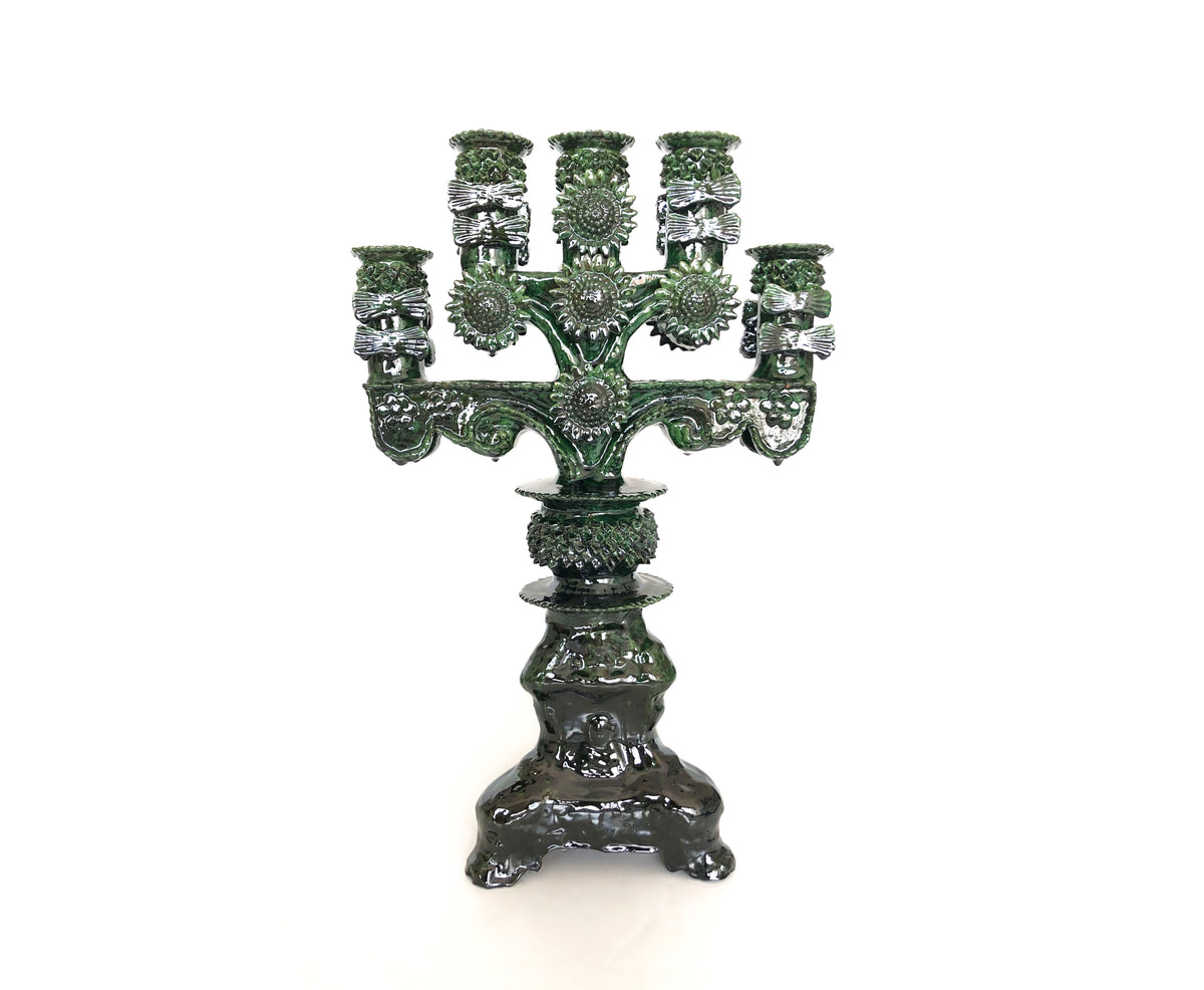 Candelero verde de 5 velas - Barro vidriado - 50 cm. 20 in. Candelabros
