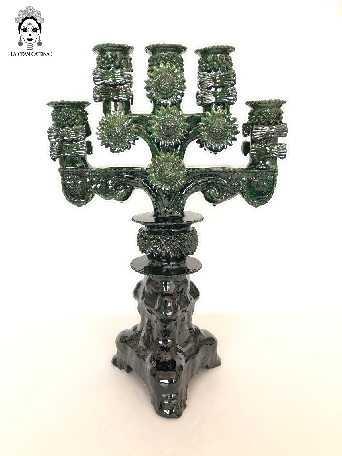 Candelero verde de 5 velas - Barro vidriado - 50 cm. 20 in. Candelabros