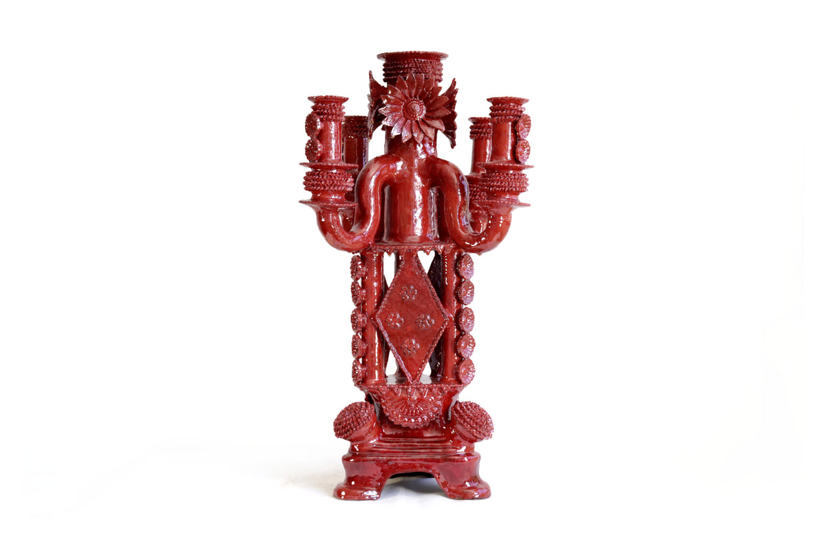 Candelero de 5 velas 66 cm. 25.9 in. - Rojo de flores - Barro vidriado Candelabros