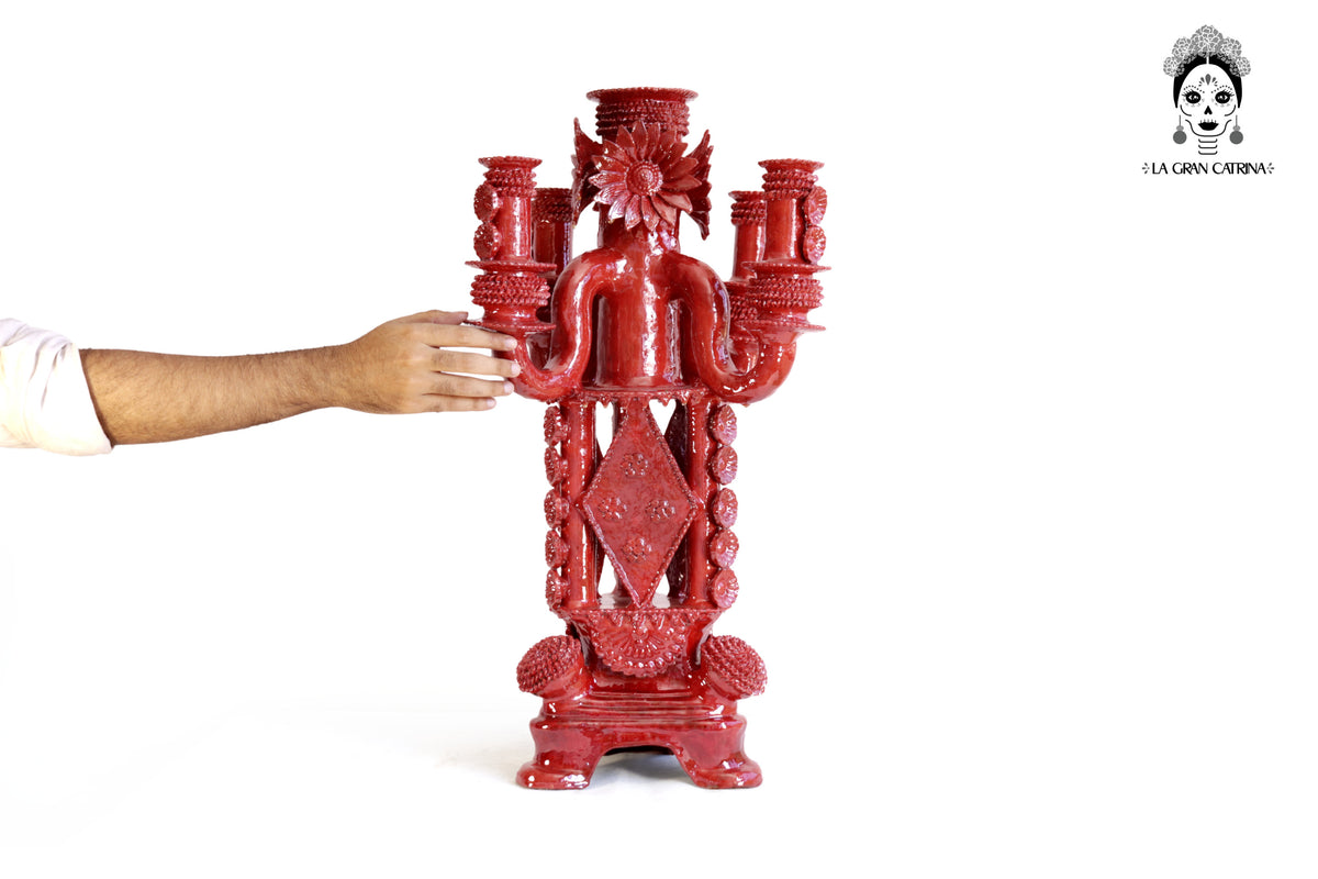 Candelero de 5 velas 66 cm. 25.9 in. - Rojo de flores - Barro vidriado Candelabros