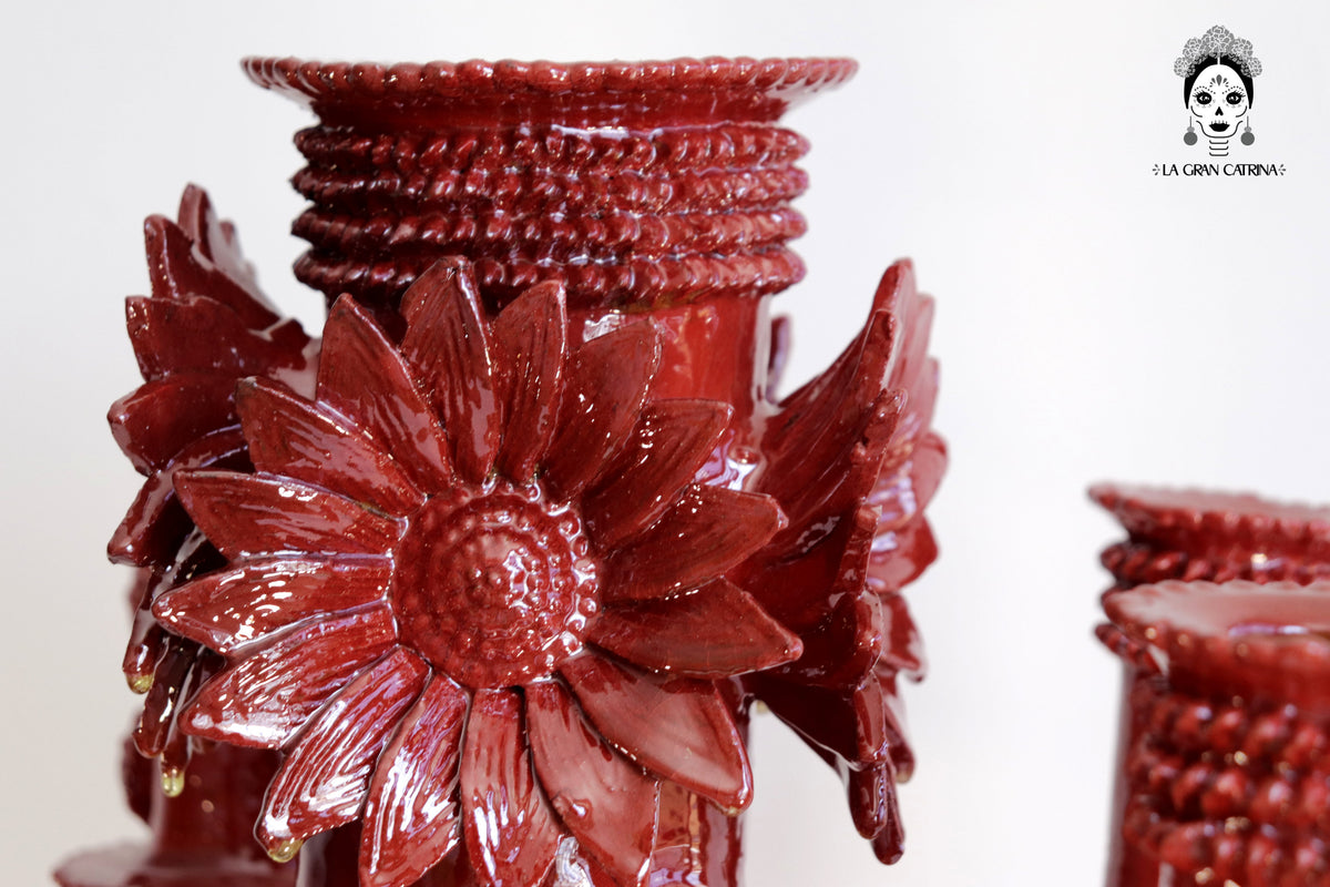 Candelero de 5 velas 66 cm. 25.9 in. - Rojo de flores - Barro vidriado Candelabros