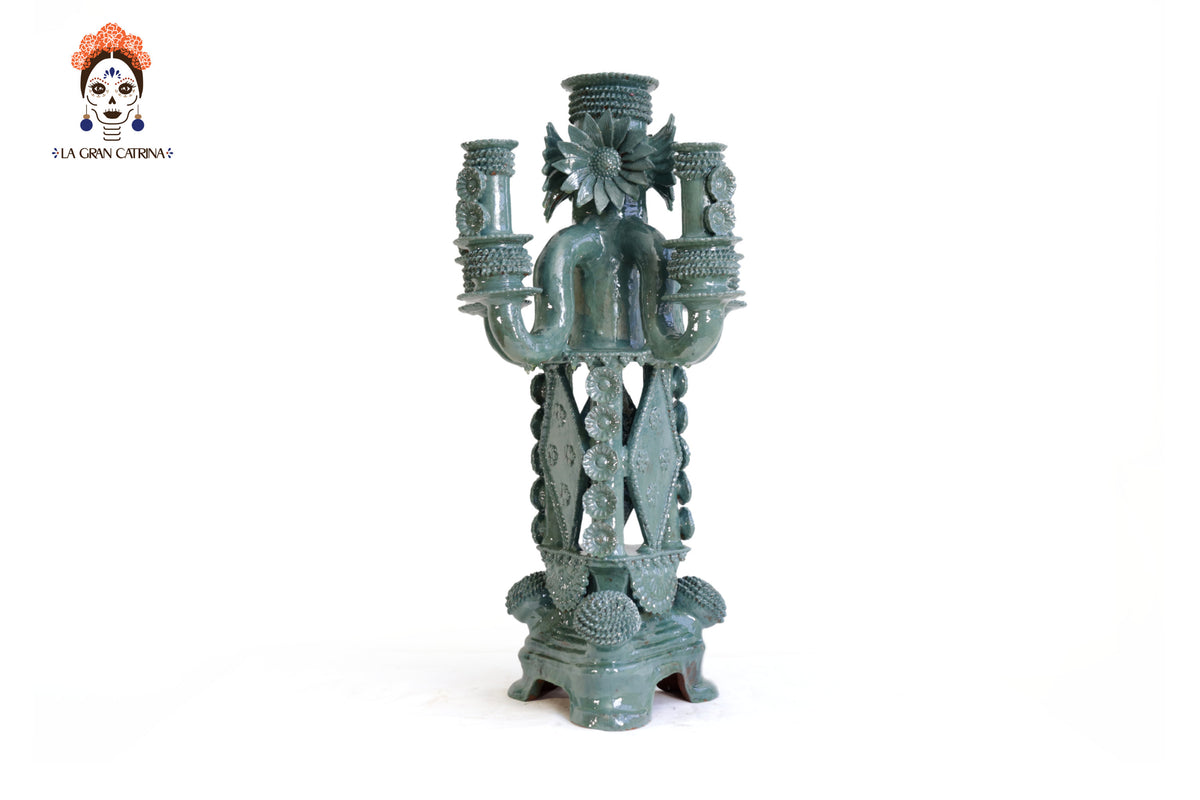 Candelero de 5 velas 66 cm. 25.9 in. - Turquesa de flores - Barro vidriado Candelabros