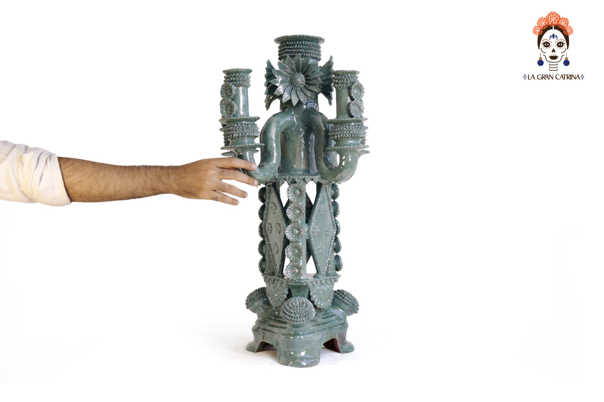 Candelero de 5 velas 66 cm. 25.9 in. - Turquesa de flores - Barro vidriado Candelabros