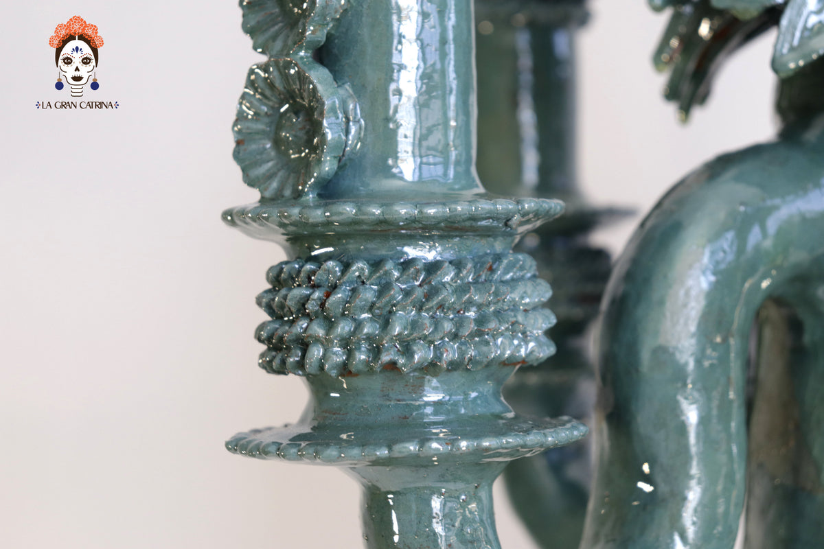 Candelero de 5 velas 66 cm. 25.9 in. - Turquesa de flores - Barro vidriado Candelabros