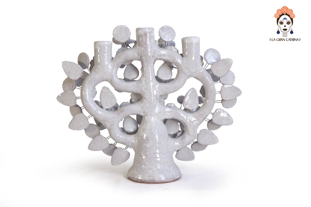 Árbol de la Vida Mediano Blanco – 3 Velas - 37 cm. 14.5 in. Vidriado Santa Fe