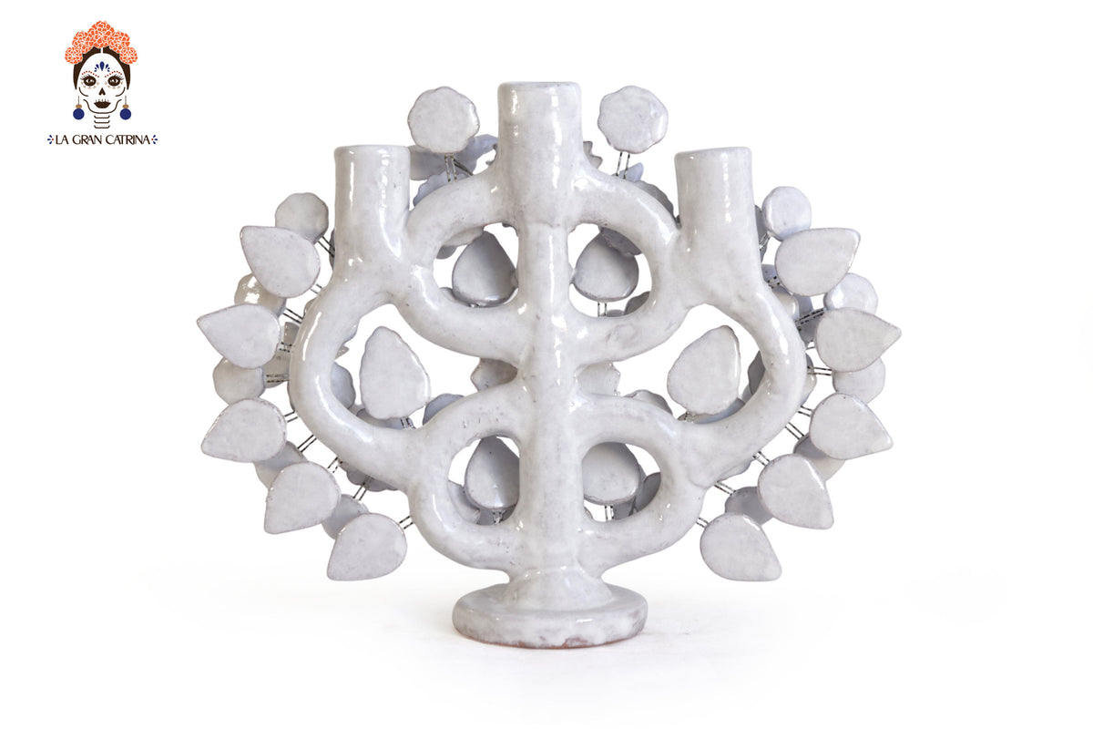 Árbol de la Vida Chico Blanco – 3 Velas - 27 cm. 10.6 in. Vidriado Santa Fe