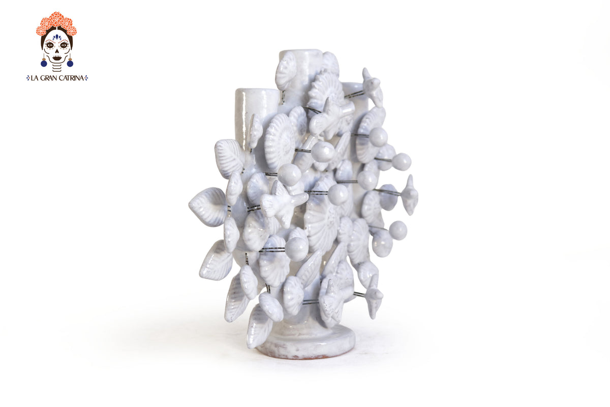 Árbol de la Vida Chico Blanco – 3 Velas - 27 cm. 10.6 in. Vidriado Santa Fe
