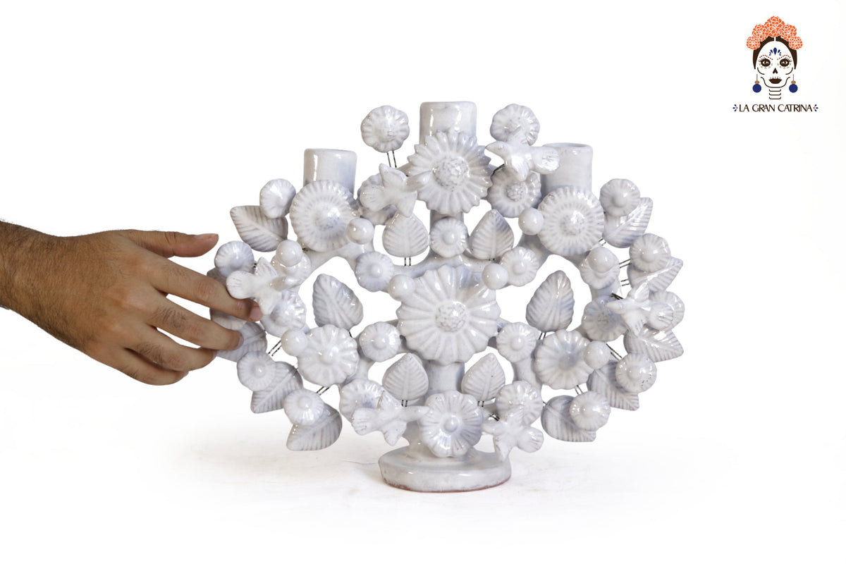 Árbol de la Vida Chico Blanco – 3 Velas - 27 cm. 10.6 in. Vidriado Santa Fe