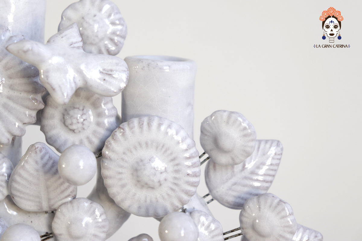 Árbol de la Vida Chico Blanco – 3 Velas - 27 cm. 10.6 in. Vidriado Santa Fe