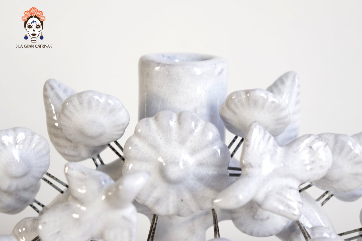 Candil blanco de 1 velas - Barro vidriado - 22 cm. 8.6 in. Candelabros