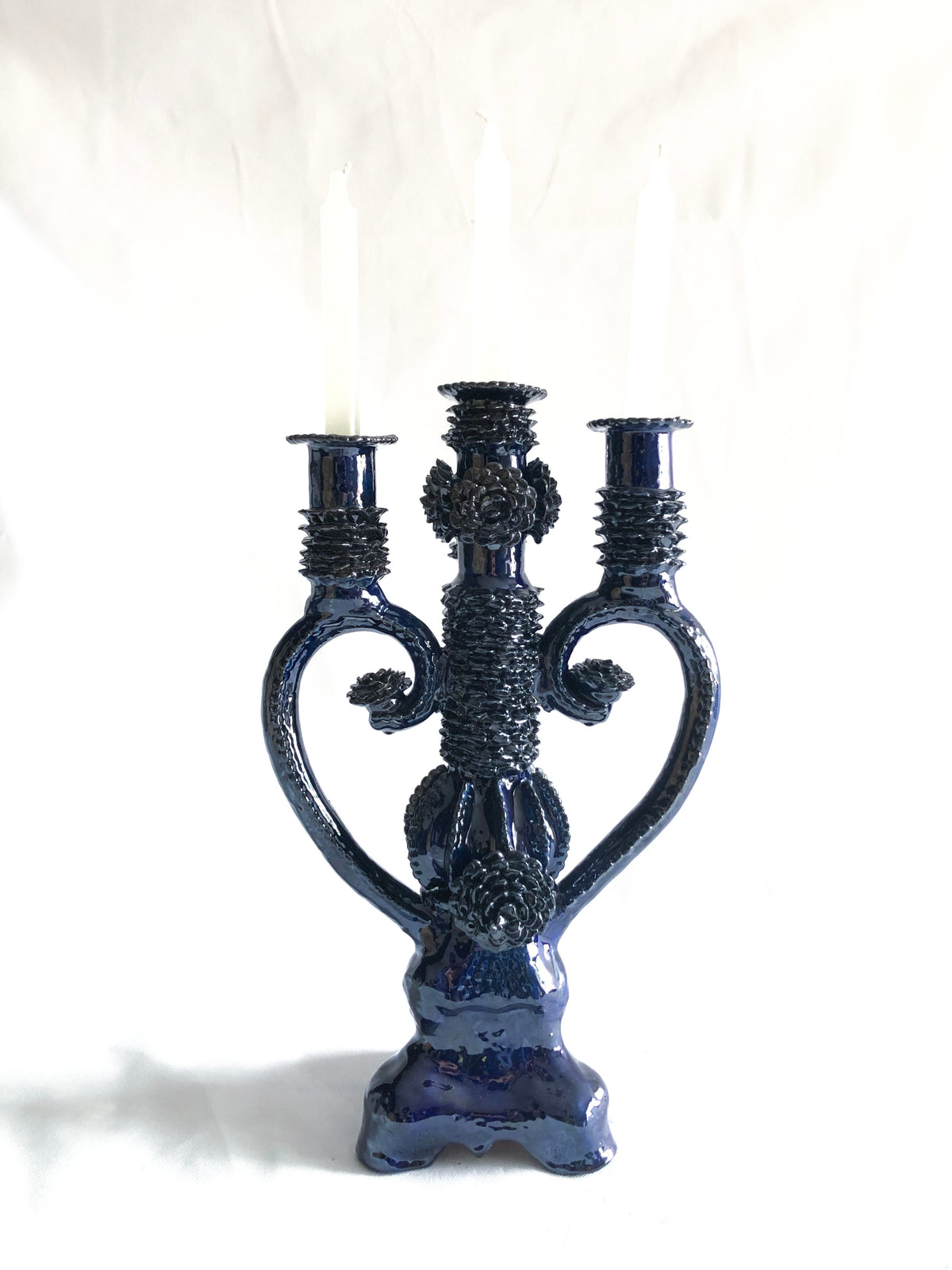 Candelero azul de 4 velas - Barro vidriado - 45 cm. 18 in. Candelabros