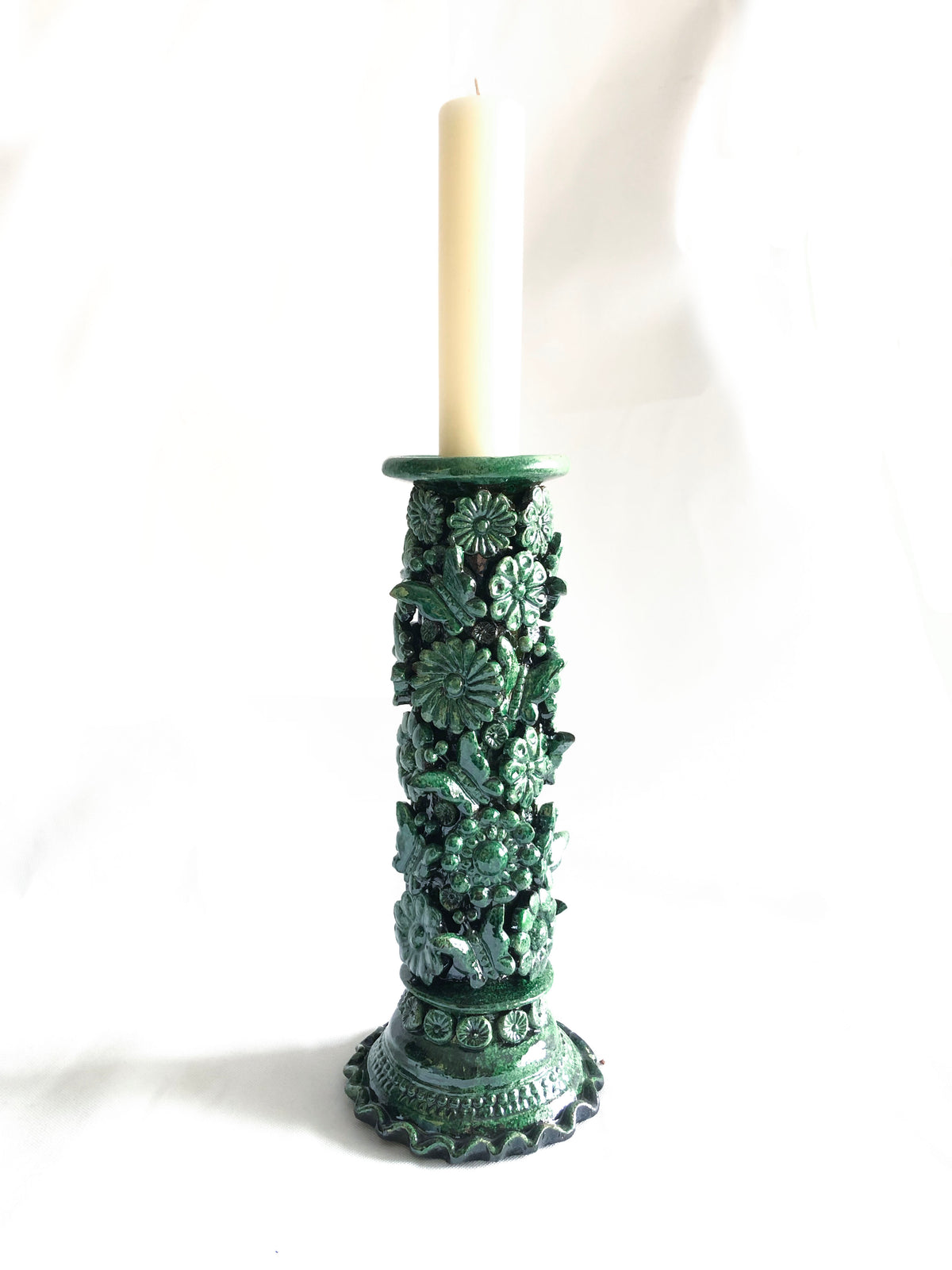 Porta Cirio Verde - Barro vidriado - 38 cm. 15 in. Candelabros