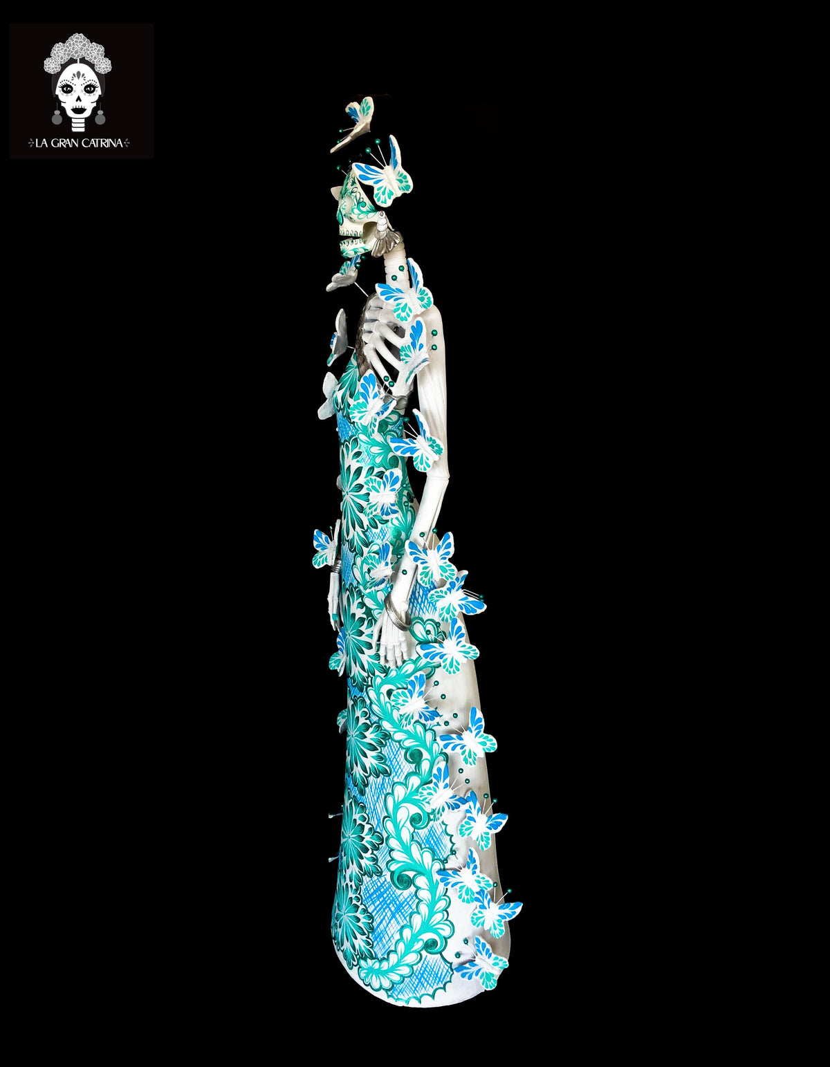 Catrina blanca con mariposas turquesas - 100 cm. 40 in. - Sobre Pedido Catrina