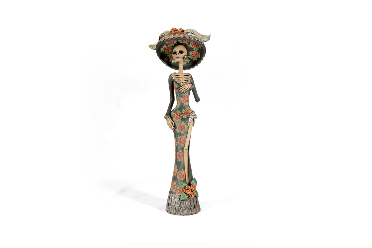Catrina con vestido de flores rojas - 50 cm. 20 in. Catrina