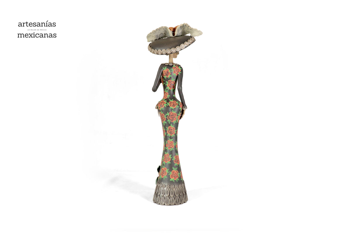 Catrina con vestido de flores rojas - 50 cm. 20 in. Catrina