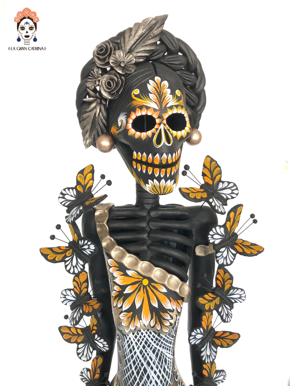 Catrina negra con mariposas naranjas - 100 cm. 40 in. Catrina