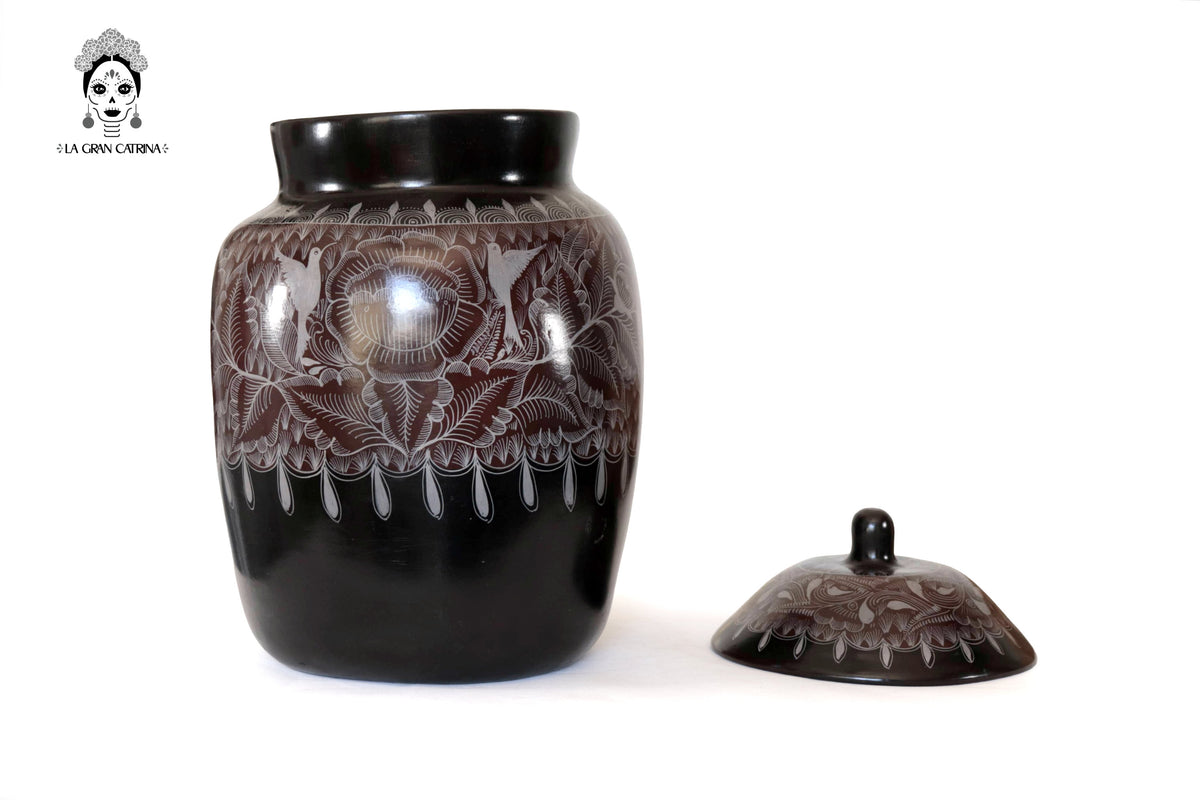 Cantaro Oscuro Flores y Aves - Huancito - 46.5 cm. 18.3 In.