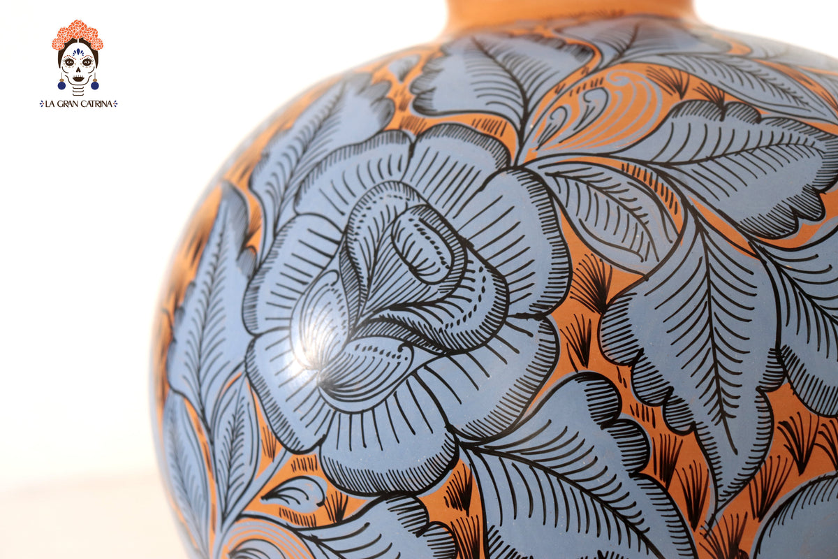 Jarrón de aves azul y naranja - Huancito - 38 cm. 14.9 In.