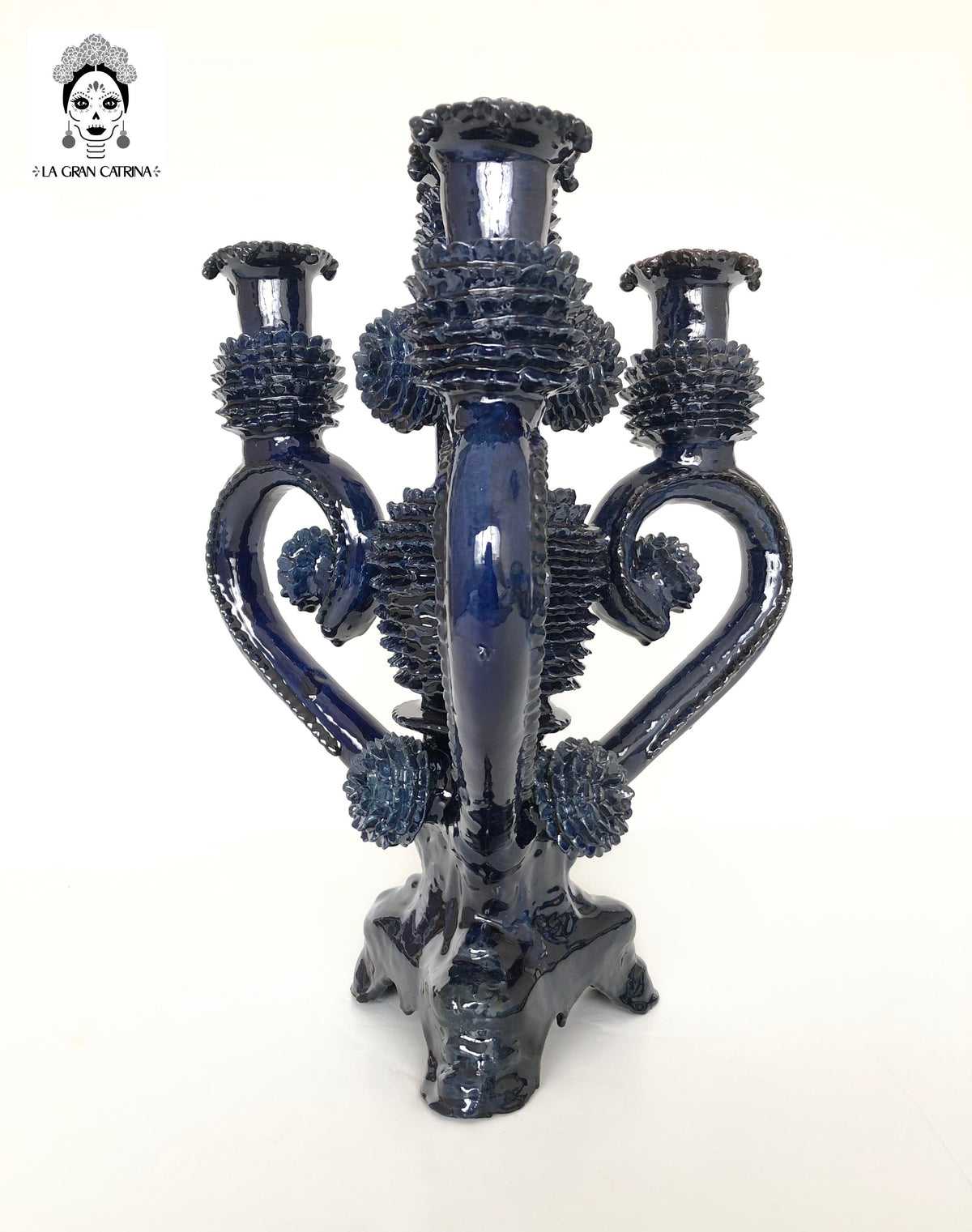 Candelero azul de 4 velas - Barro vidriado - 41 cm. 16 in. - Sobre Pedido 3+ Candelabros
