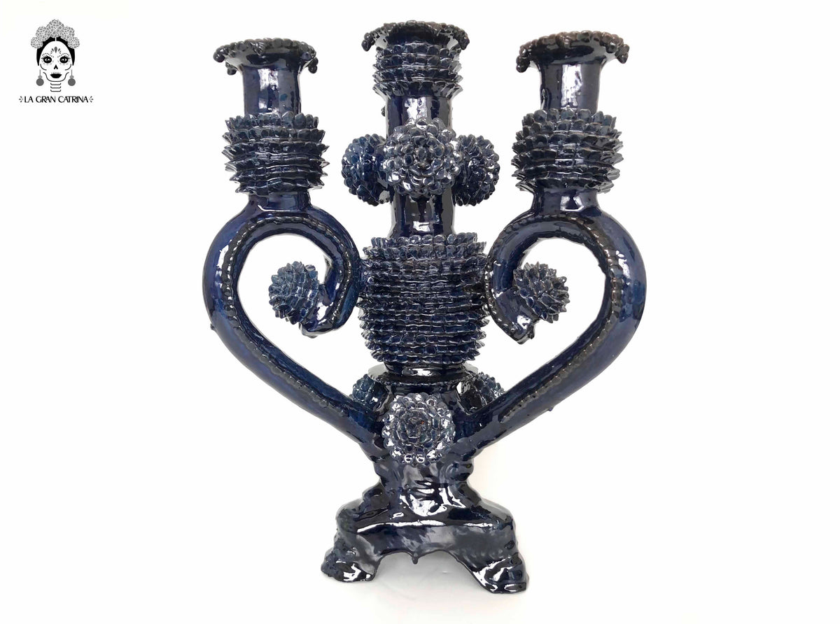 Candelero azul de 4 velas - Barro vidriado - 41 cm. 16 in. - Sobre Pedido 3+ Candelabros