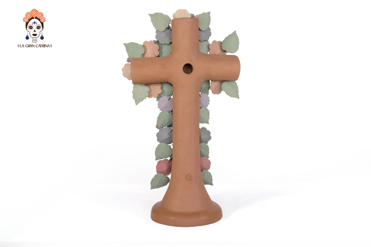 Cruz Floral de Barro con Corazon y Aves - 30 Cm 11.8 in. Artesanía