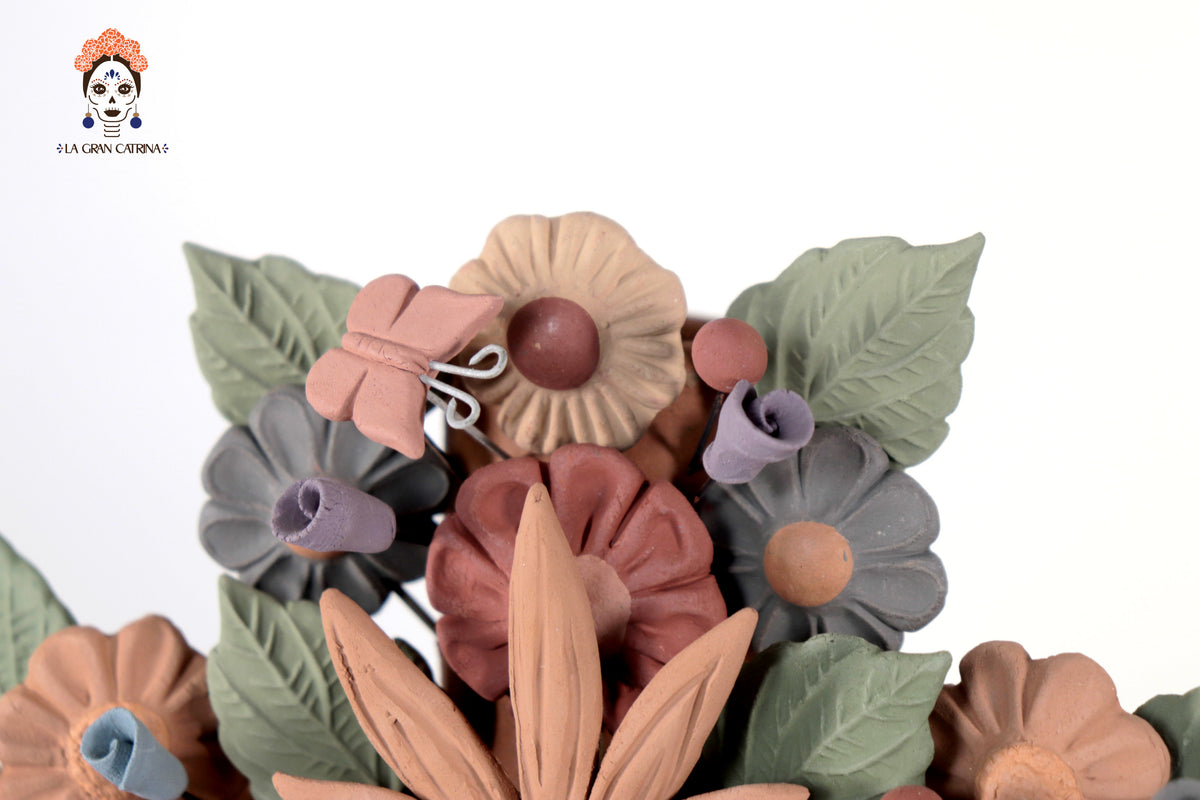 Cruz Floral de Barro con Corazon y Aves - 30 Cm 11.8 in. Artesanía