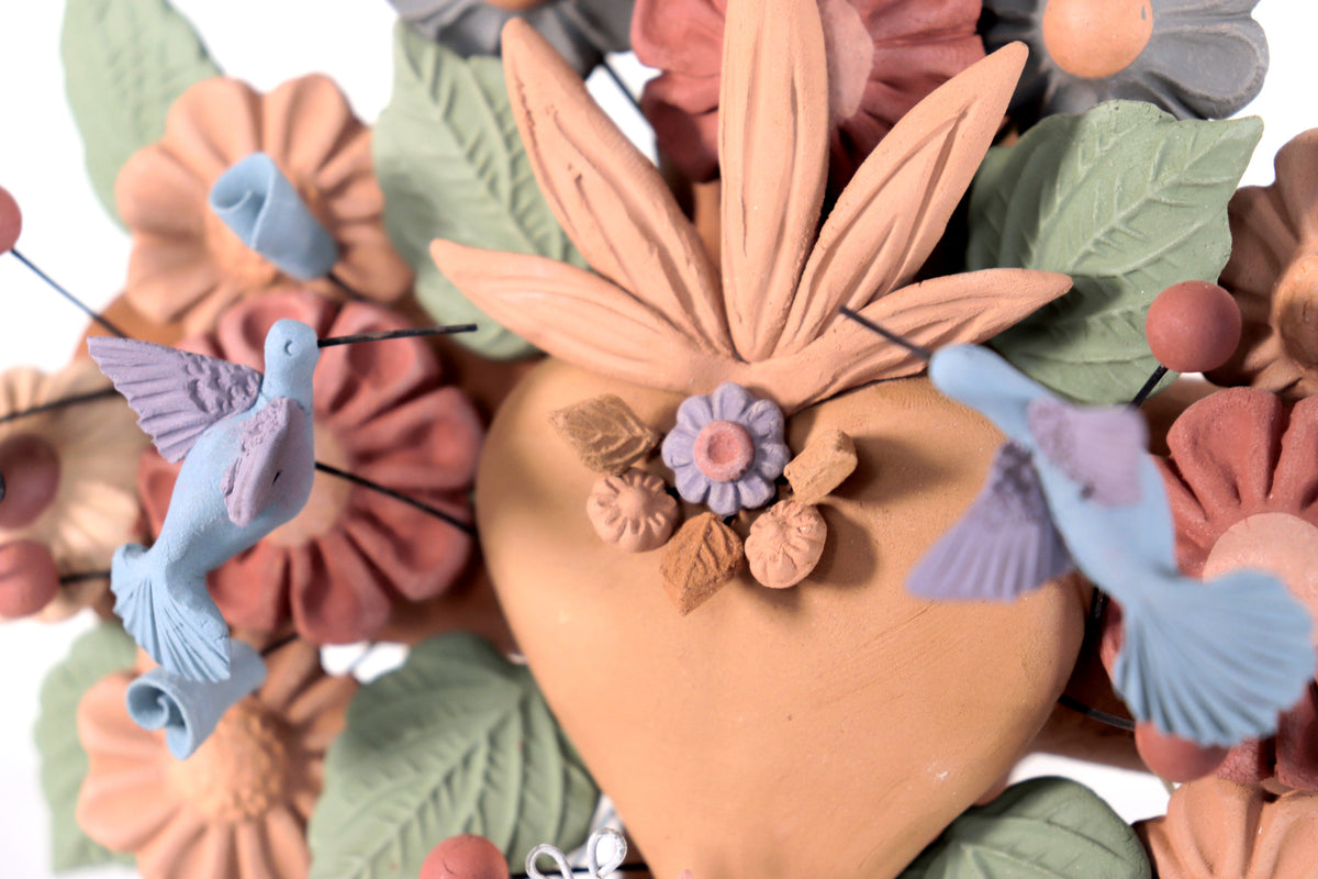 Cruz Floral de Barro con Corazon y Aves - 30 Cm 11.8 in. Artesanía