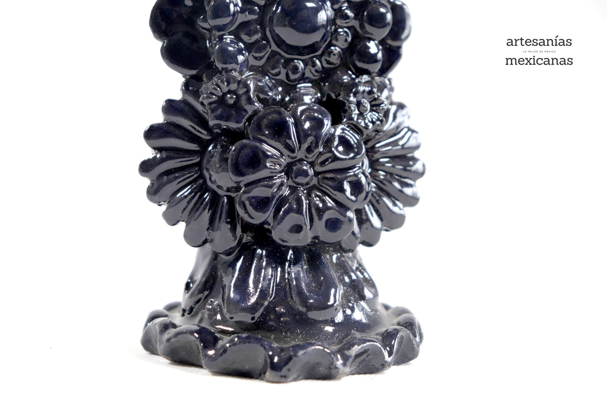 Cruz Barro Vidriado Azul Cobalto con Flores - 25 cm. 10 in.