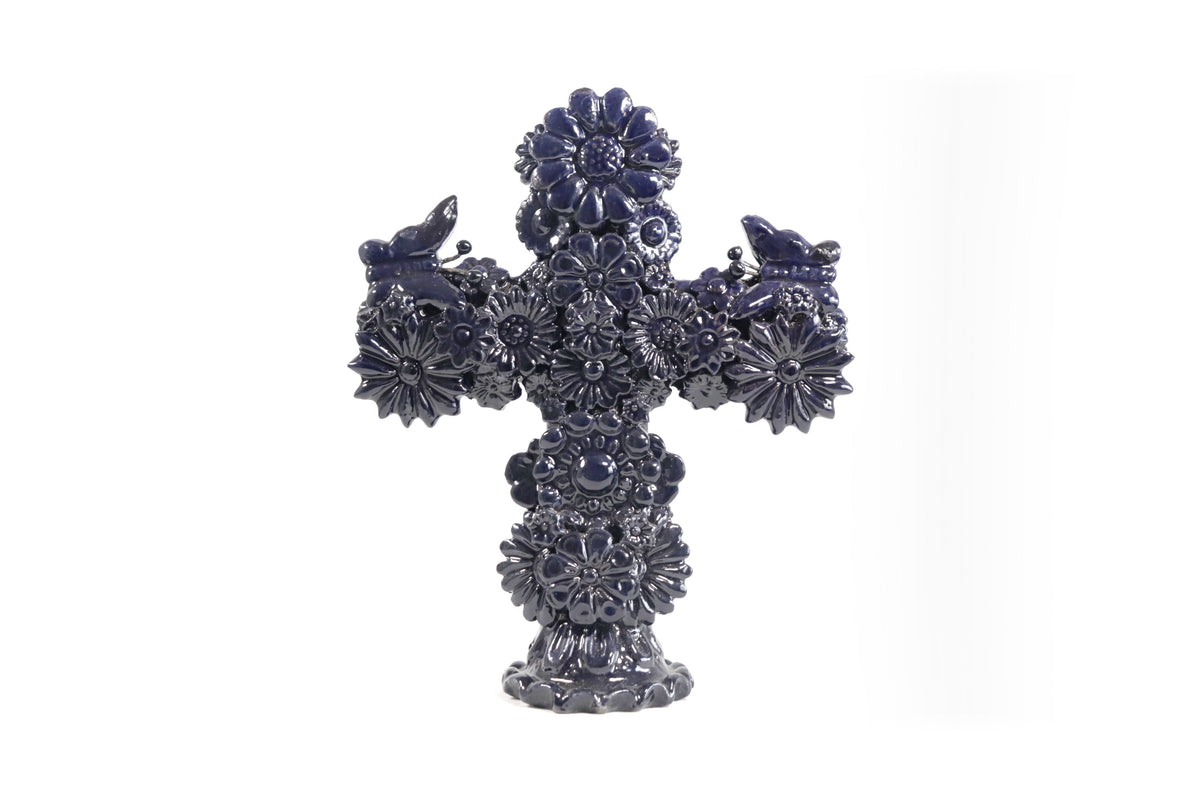Cruz Barro Vidriado Azul Cobalto con Flores - 25 cm. 10 in.