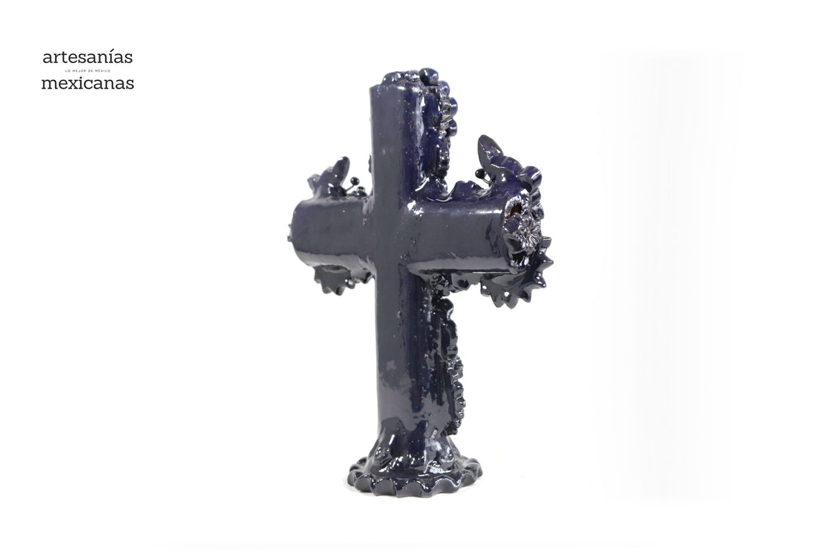 Cruz Barro Vidriado Azul Cobalto con Flores - 25 cm. 10 in.