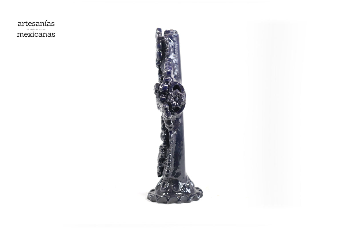 Cruz Barro Vidriado Azul Cobalto con Flores - 25 cm. 10 in.