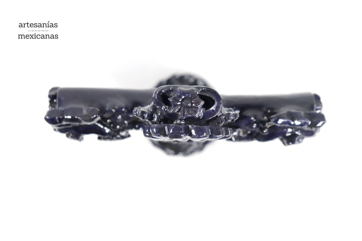 Cruz Barro Vidriado Azul Cobalto con Flores - 25 cm. 10 in.