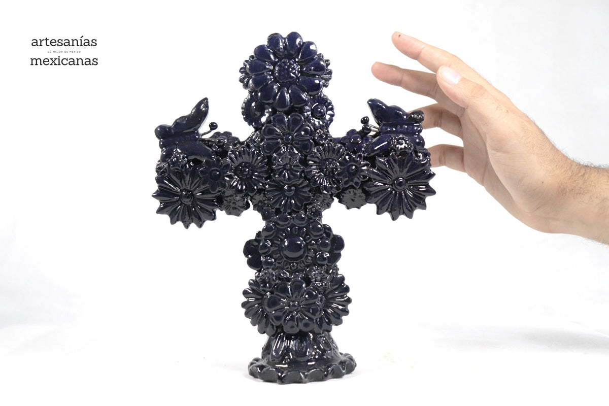 Cruz Barro Vidriado Azul Cobalto con Flores - 25 cm. 10 in.
