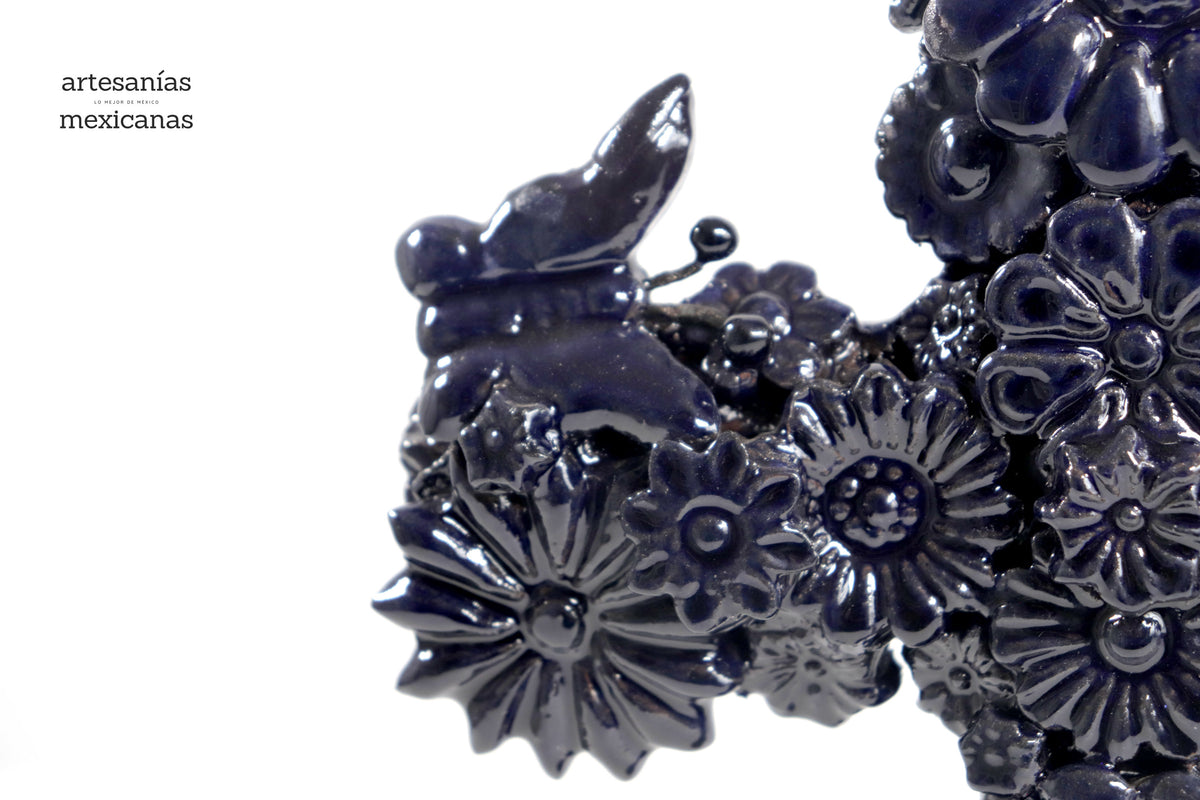 Cruz Barro Vidriado Azul Cobalto con Flores - 25 cm. 10 in.