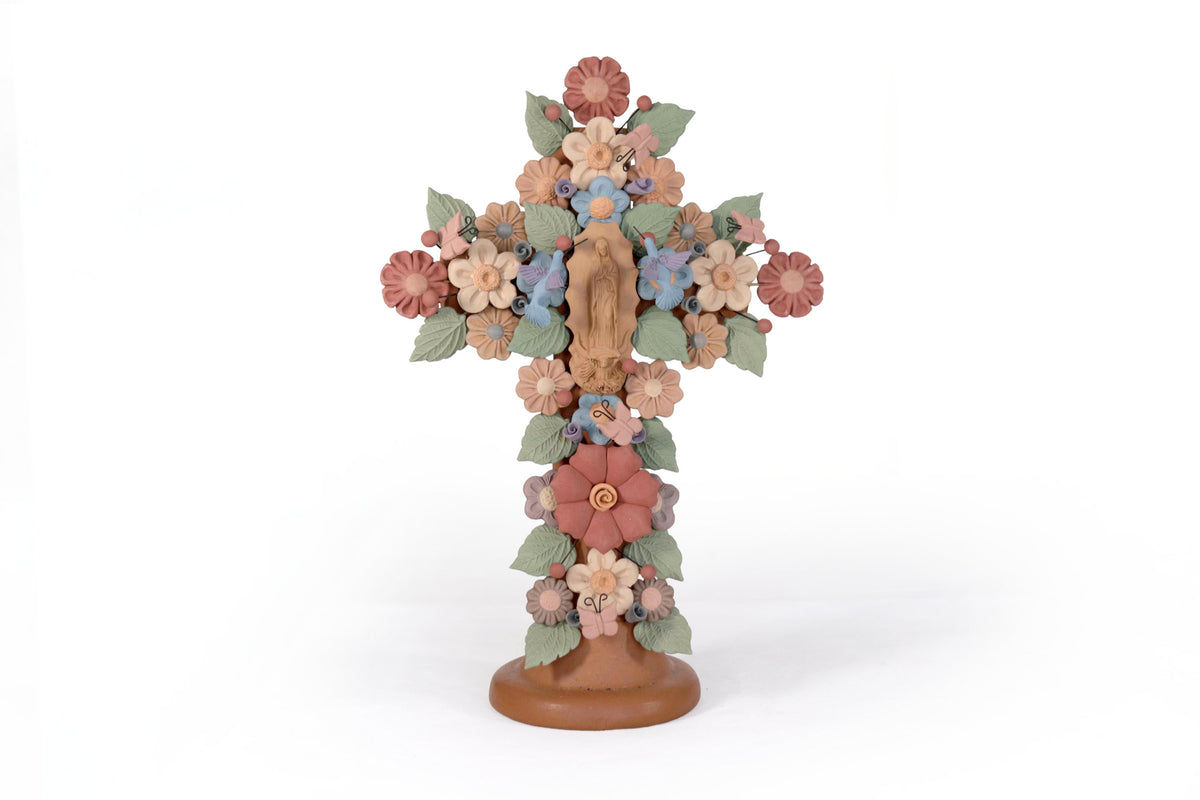 Cruz Floral de Barro con Virgen de Guadalupe y Aves - 31.3 Cm 12.3 in. Artesanía