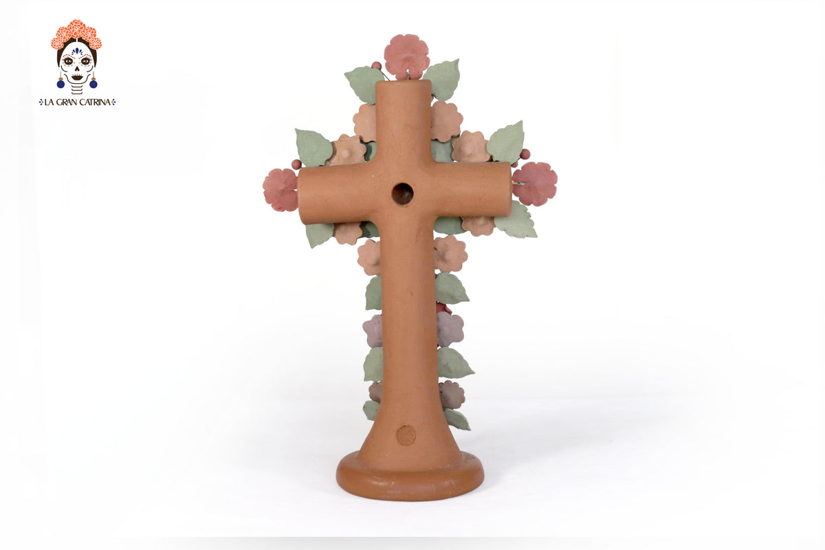 Cruz Floral de Barro con Virgen de Guadalupe y Aves - 31.3 Cm 12.3 in. Artesanía